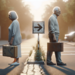 alt_text: "Pasangan lansia terlihat di persimpangan jalan, menggambarkan perpisahan di usia lanjut."