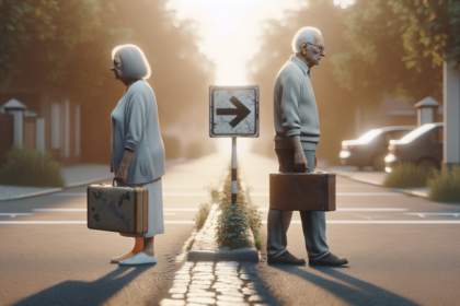 alt_text: "Pasangan lansia terlihat di persimpangan jalan, menggambarkan perpisahan di usia lanjut."