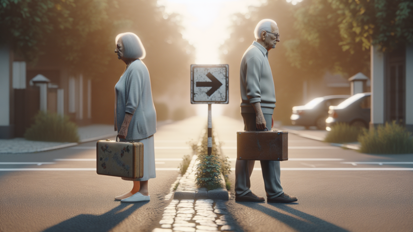 alt_text: "Pasangan lansia terlihat di persimpangan jalan, menggambarkan perpisahan di usia lanjut."
