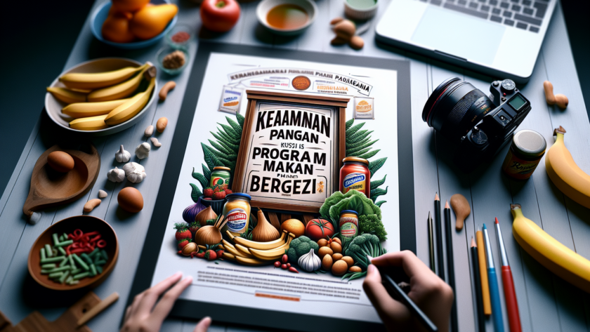 alt_text: Poster bertuliskan "Keamanan Pangan, Kunci Sukses Program Makan Bergizi" dengan ilustrasi bahan makanan.
