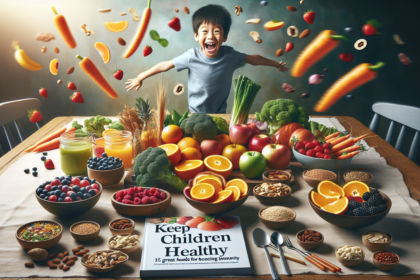 alt_text: Ilustrasi 15 makanan bergizi yang mendukung sistem imun anak untuk kesehatan optimal.