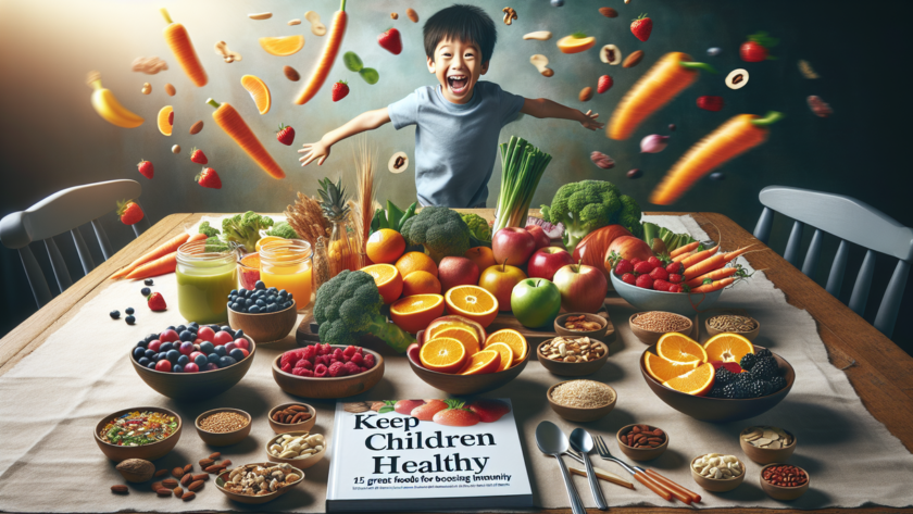 alt_text: Ilustrasi 15 makanan bergizi yang mendukung sistem imun anak untuk kesehatan optimal.