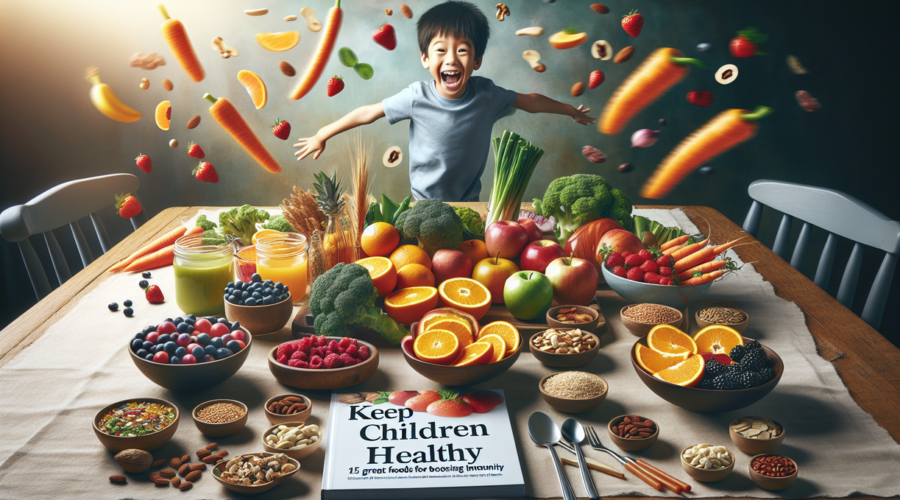 alt_text: Ilustrasi 15 makanan bergizi yang mendukung sistem imun anak untuk kesehatan optimal.