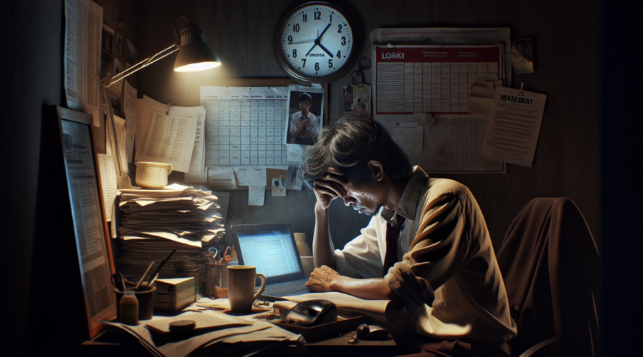 "alt_text": "Pekerja lelah menatap layar, simbol kelelahan kronis di era kerja berlebihan di Indonesia."