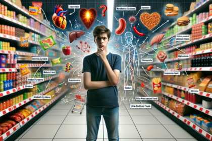 alt_text: Ilustrasi bahaya kesehatan makanan olahan ultra, dengan ikon risiko tersembunyi.