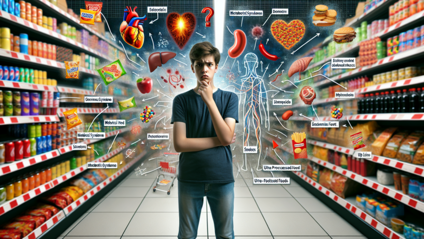 alt_text: Ilustrasi bahaya kesehatan makanan olahan ultra, dengan ikon risiko tersembunyi.