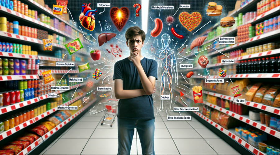 alt_text: Ilustrasi bahaya kesehatan makanan olahan ultra, dengan ikon risiko tersembunyi.