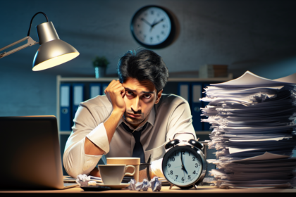 alt_text: Ilustrasi tentang pengaruh PCOS, kelelahan kerja, dan krisis mental pada pekerja muda.