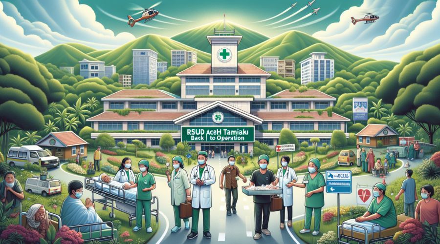 "alt_text": "RSUD Aceh Tamiang pulih pasca banjir, tampak aktivitas pemulihan dan perbaikan infrastruktur."