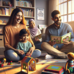 alt_text: Anak kecil tersenyum bermain dengan mainan edukatif, belajar bicara dengan gembira.