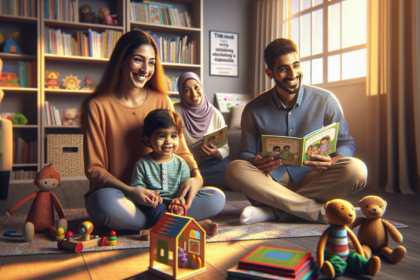 alt_text: Anak kecil tersenyum bermain dengan mainan edukatif, belajar bicara dengan gembira.