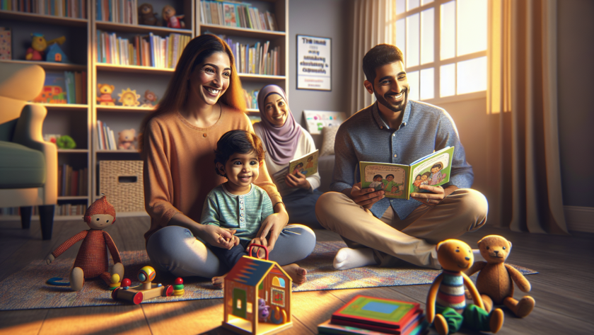 alt_text: Anak kecil tersenyum bermain dengan mainan edukatif, belajar bicara dengan gembira.