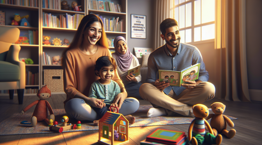 alt_text: Anak kecil tersenyum bermain dengan mainan edukatif, belajar bicara dengan gembira.