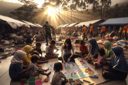 alt_text: Anak-anak bermain dan belajar di sesi trauma healing pasca banjir Aceh.