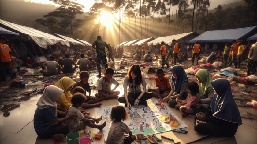 alt_text: Anak-anak bermain dan belajar di sesi trauma healing pasca banjir Aceh.