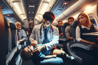 alt_text: Dokter bantu penumpang sakit di pesawat, tunjukkan pentingnya pengetahuan medis darurat.