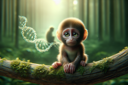 alt_text: Bayi monyet terdampar di dalam hutan, ditemukan oleh ilmuwan penyayang yang meneliti penyelamatan.