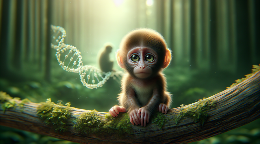 alt_text: Bayi monyet terdampar di dalam hutan, ditemukan oleh ilmuwan penyayang yang meneliti penyelamatan.