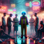 "alt_text": "Badut di pasar gelap narkoba bawa pesan kesehatan, eksperimen sosial unik."