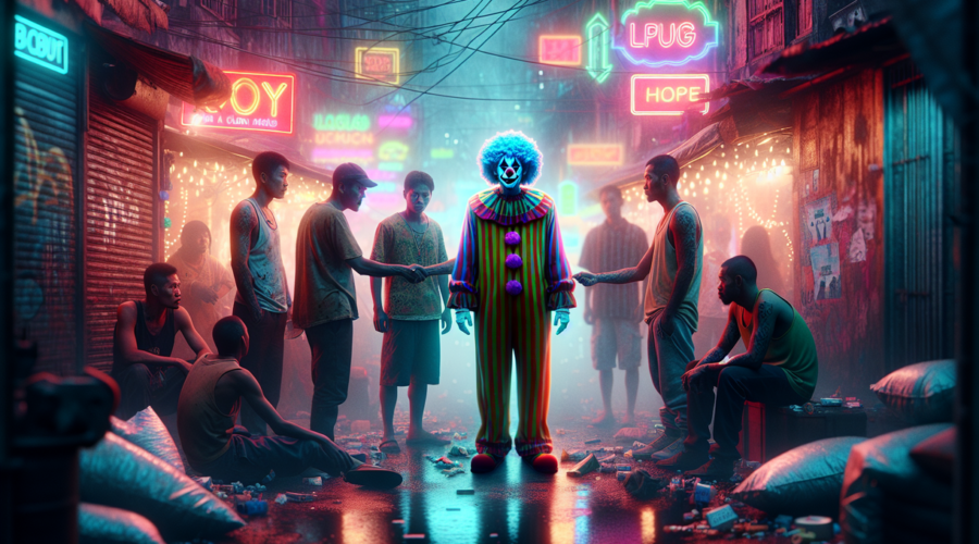 "alt_text": "Badut di pasar gelap narkoba bawa pesan kesehatan, eksperimen sosial unik."