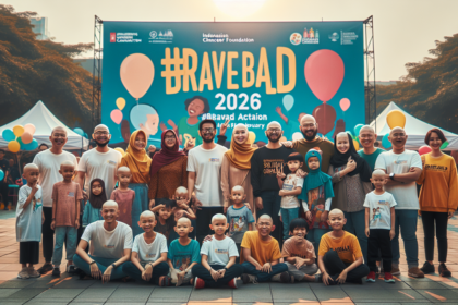 alt_text: Orang-orang dengan kepala gundul berkumpul memeriahkan Hari Kanker Sedunia.