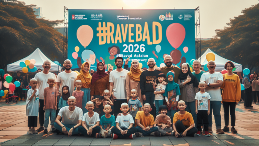 alt_text: Orang-orang dengan kepala gundul berkumpul memeriahkan Hari Kanker Sedunia.