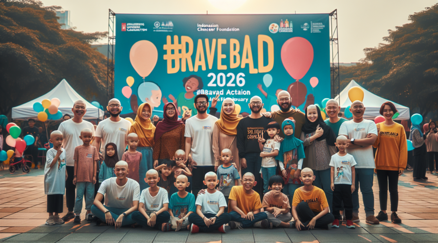 alt_text: Orang-orang dengan kepala gundul berkumpul memeriahkan Hari Kanker Sedunia.