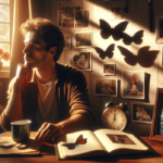 alt_text: Seorang pemuda merenung di kamar, dikelilingi catatan pengingat, melambangkan demensia dini.