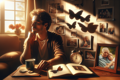 alt_text: Seorang pemuda merenung di kamar, dikelilingi catatan pengingat, melambangkan demensia dini.