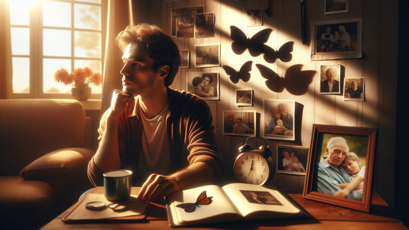 alt_text: Seorang pemuda merenung di kamar, dikelilingi catatan pengingat, melambangkan demensia dini.