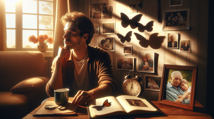 alt_text: Seorang pemuda merenung di kamar, dikelilingi catatan pengingat, melambangkan demensia dini.