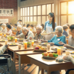 alt_text: Lansia dan penyandang disabilitas menikmati makanan bergizi gratis di sebuah acara kebersamaan.