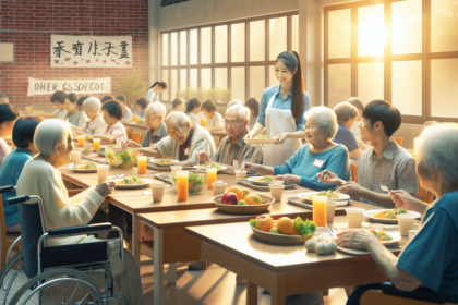 alt_text: Lansia dan penyandang disabilitas menikmati makanan bergizi gratis di sebuah acara kebersamaan.