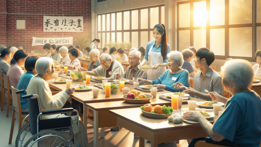 alt_text: Lansia dan penyandang disabilitas menikmati makanan bergizi gratis di sebuah acara kebersamaan.