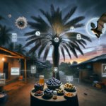 "alt_text": "Ilustrasi virus Nipah berdampingan dengan makanan, menggambarkan ancaman kesehatan modern."