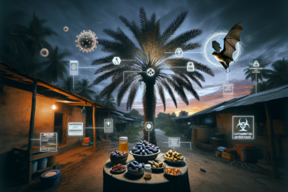 "alt_text": "Ilustrasi virus Nipah berdampingan dengan makanan, menggambarkan ancaman kesehatan modern."