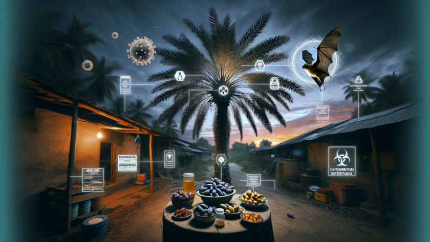 "alt_text": "Ilustrasi virus Nipah berdampingan dengan makanan, menggambarkan ancaman kesehatan modern."