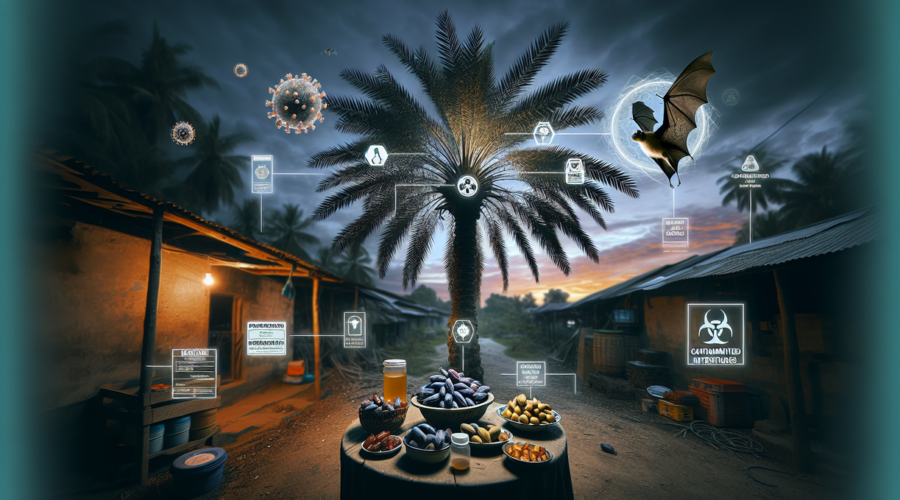 "alt_text": "Ilustrasi virus Nipah berdampingan dengan makanan, menggambarkan ancaman kesehatan modern."