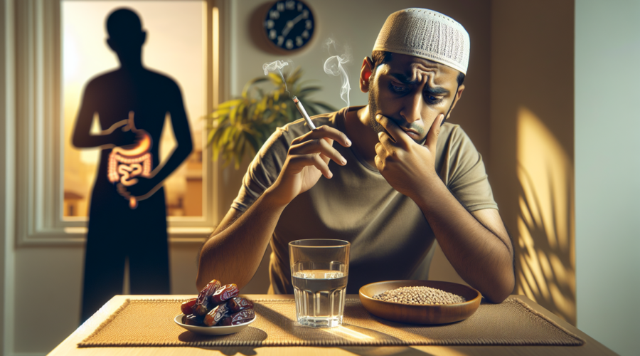 alt_text: Rokok saat buka puasa berisiko tinggi; nikmat sementara, bahaya kesehatan berkepanjangan.