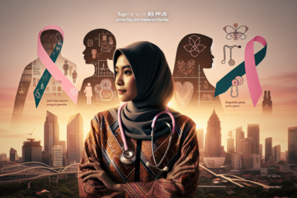 alt_text: Wanita modern menjalani skrining kanker, simbol perisai melindungi kesehatan Kartini masa kini.