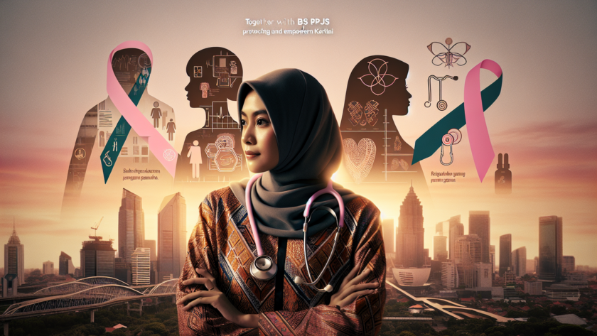 alt_text: Wanita modern menjalani skrining kanker, simbol perisai melindungi kesehatan Kartini masa kini.