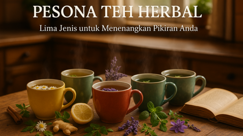 alt_text: Lima teh herbal untuk meredakan stres di tengah aktivitas sibuk.