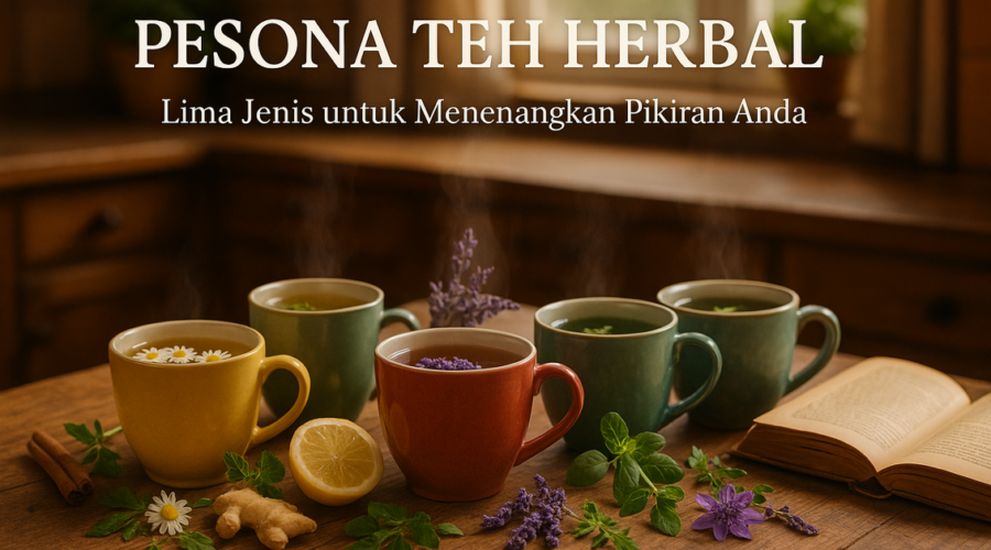 alt_text: Lima teh herbal untuk meredakan stres di tengah aktivitas sibuk.
