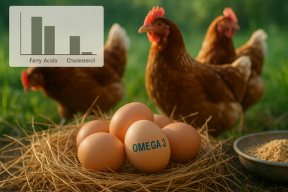 alt_text: "Poster edukasi manfaat telur Omega 3 untuk kesehatan dan kolesterol rendah."
