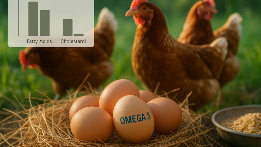 alt_text: "Poster edukasi manfaat telur Omega 3 untuk kesehatan dan kolesterol rendah."