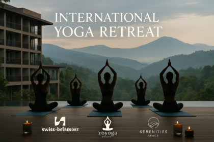 alt_text: "Yoga retreat di Bandung, peserta global, suasana harmonis, pemandangan alam memukau."