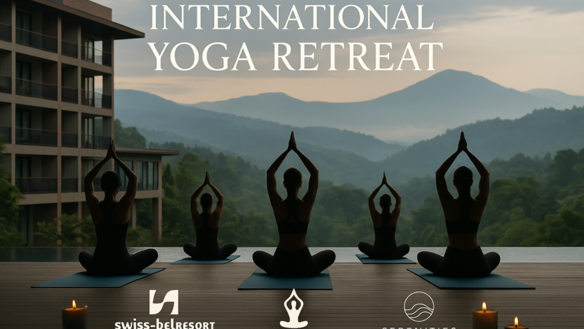 alt_text: "Yoga retreat di Bandung, peserta global, suasana harmonis, pemandangan alam memukau."