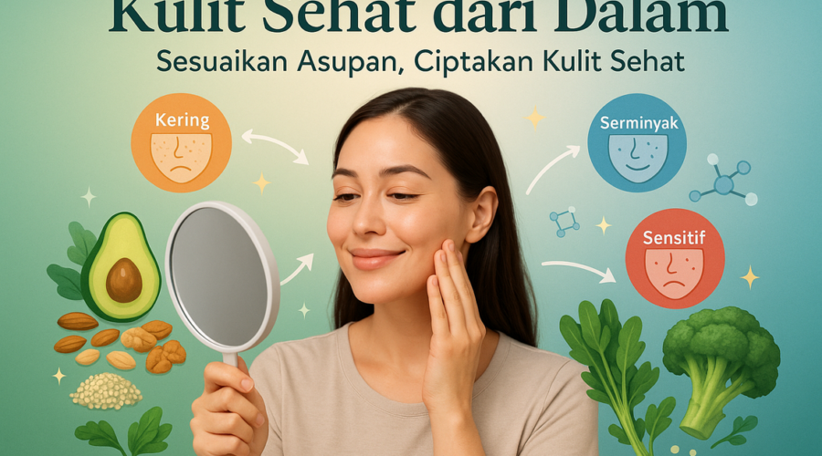 alt_text: Rekomendasi makanan sehat untuk menjaga kesehatan empat jenis kulit berbeda.